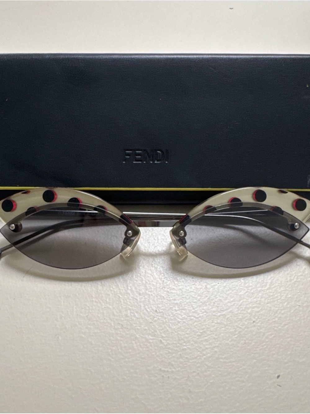 Fendi Beige Frame Sunglasses with Black and Red Polka Dot Accents